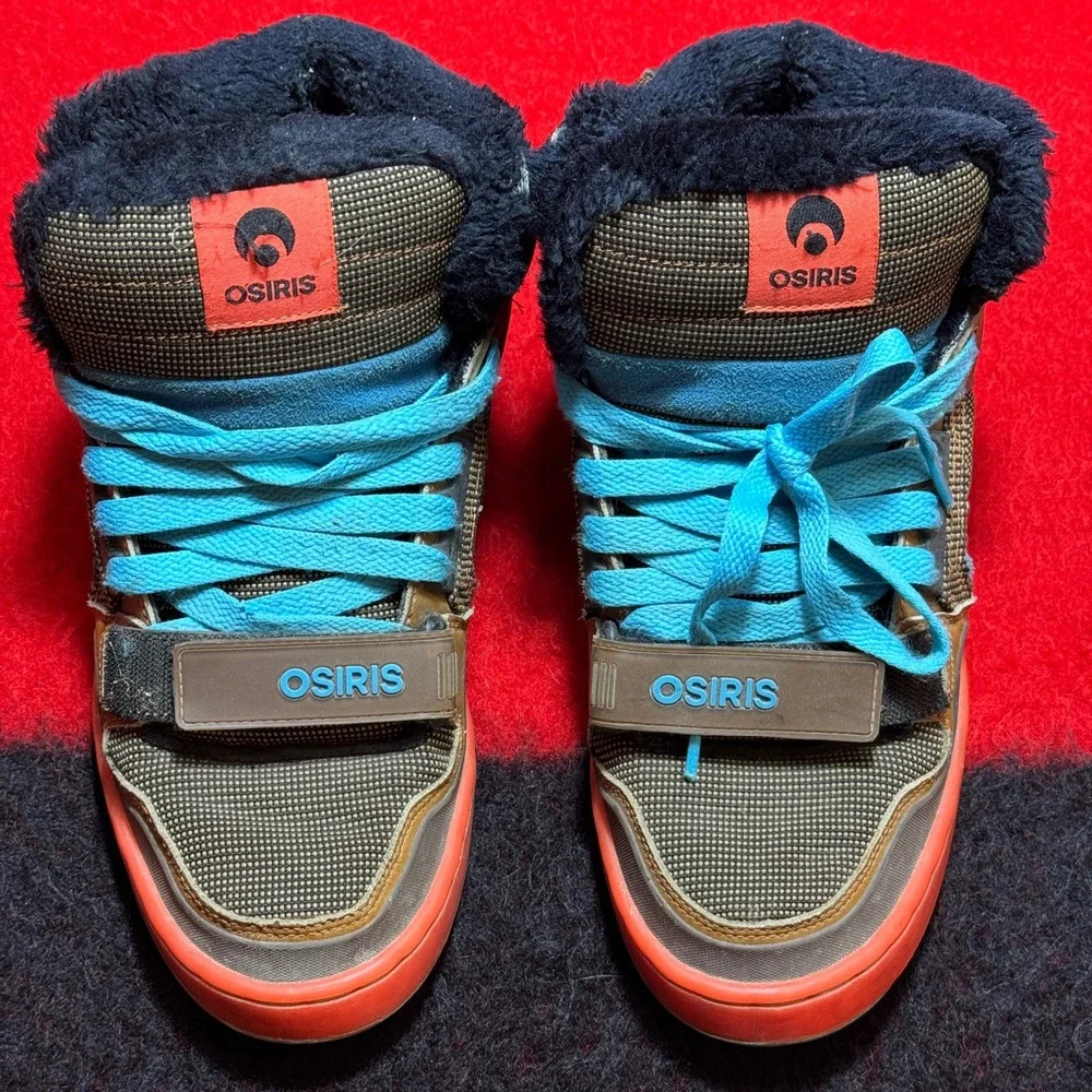 Osiris Tranzor Skate Shoes Mens 10 Brown Orange Blue Faux Fur High Top Sneakers - Picture 6 of 12